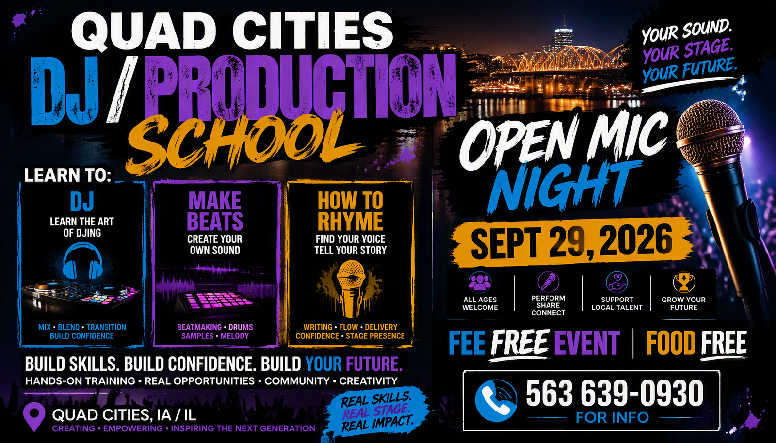 Quad Cities DJ Production School and Open Mic Night poster